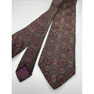 Harve Benard Mens Silk Necktie Black Burgundy Gold Medallion Geometric Pattern